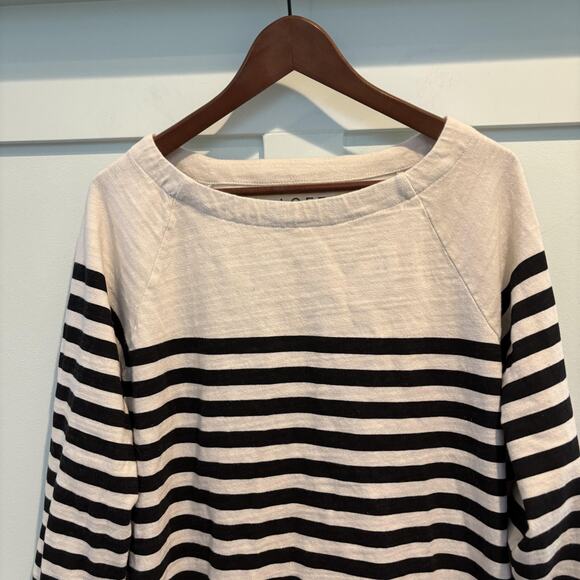 LOFT Shirt Women Large Black Cream Boatneck Breton Stripe Capsule Classic Raglan - Picture 3 of 10